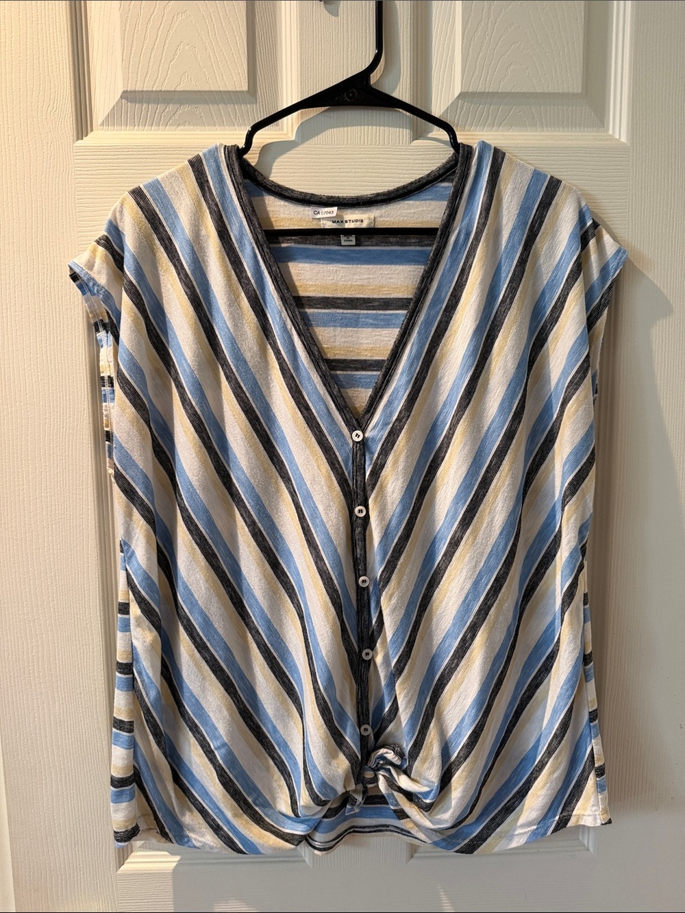Max Studio Blue, White & Gray Striped Button-Front Top